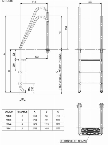 Drabinka Basenowa Standard Public Asymetryczna Stal 316 Stopnie Antypoślizgowe 4