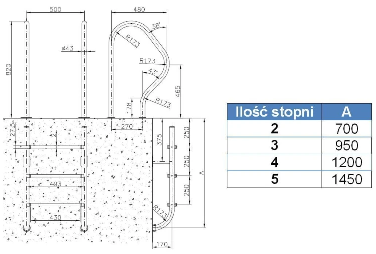 Drabinka Do Basenu Lina Dzielona Stal 304 Nakładki Antislip 2-5 Stopni 6