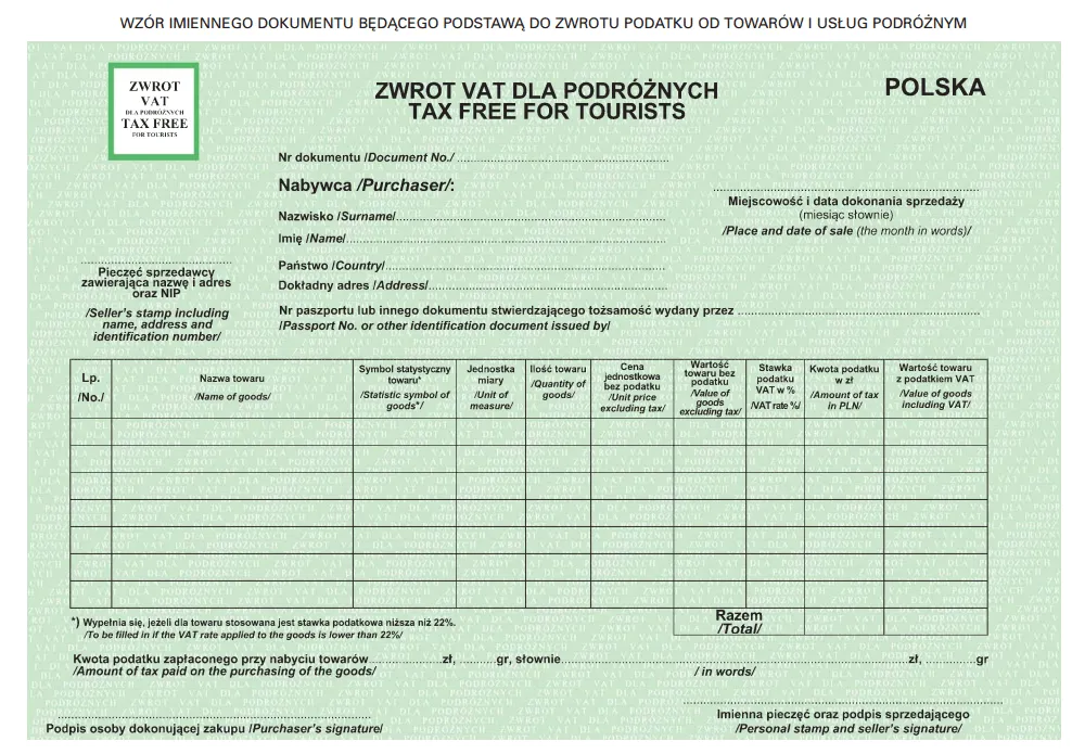 baseny tax free formularz front