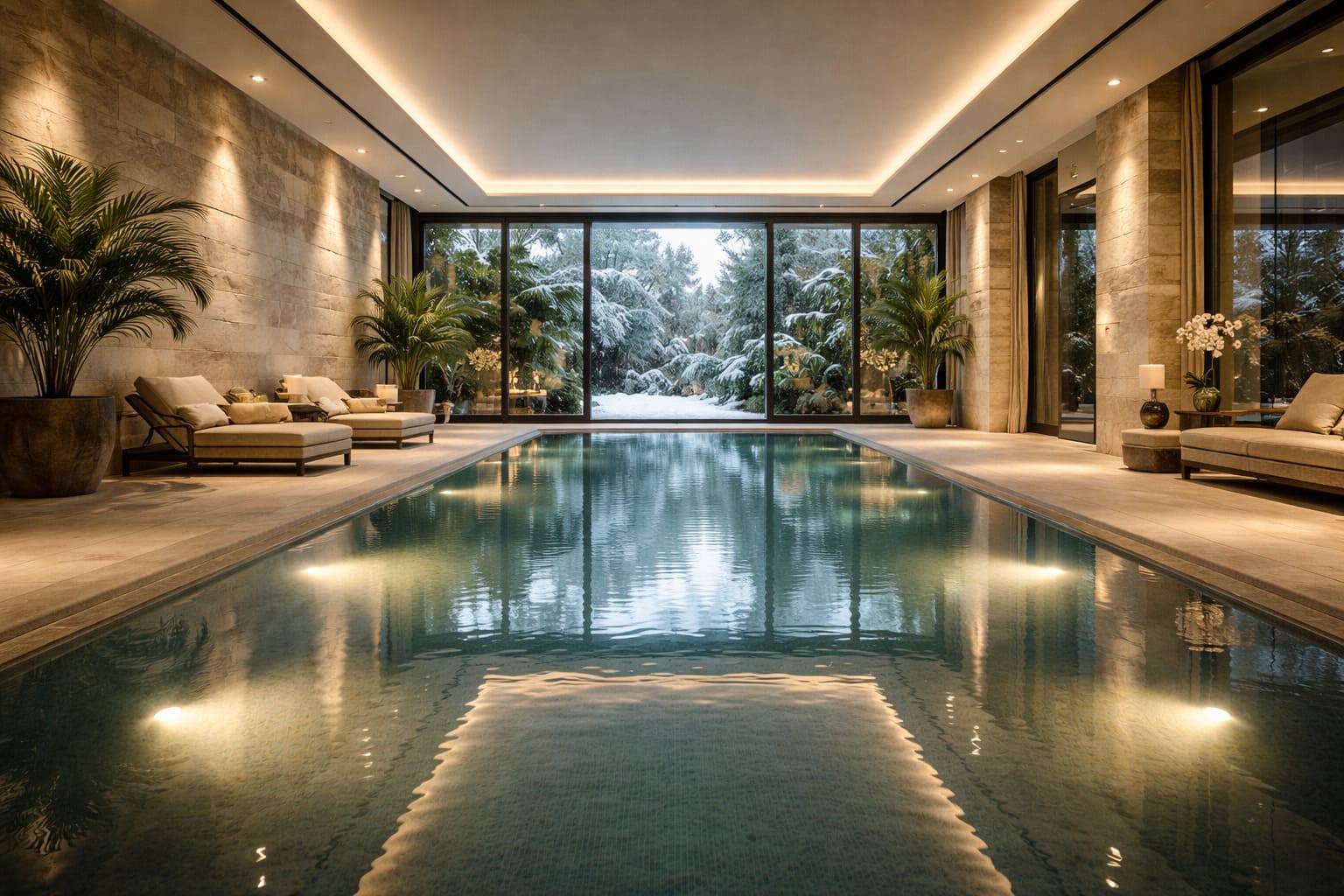 Nowoczesna hala basenowa w luksusowej rezydencji – profesjonalny serwis techniki basenowej Warszawa.