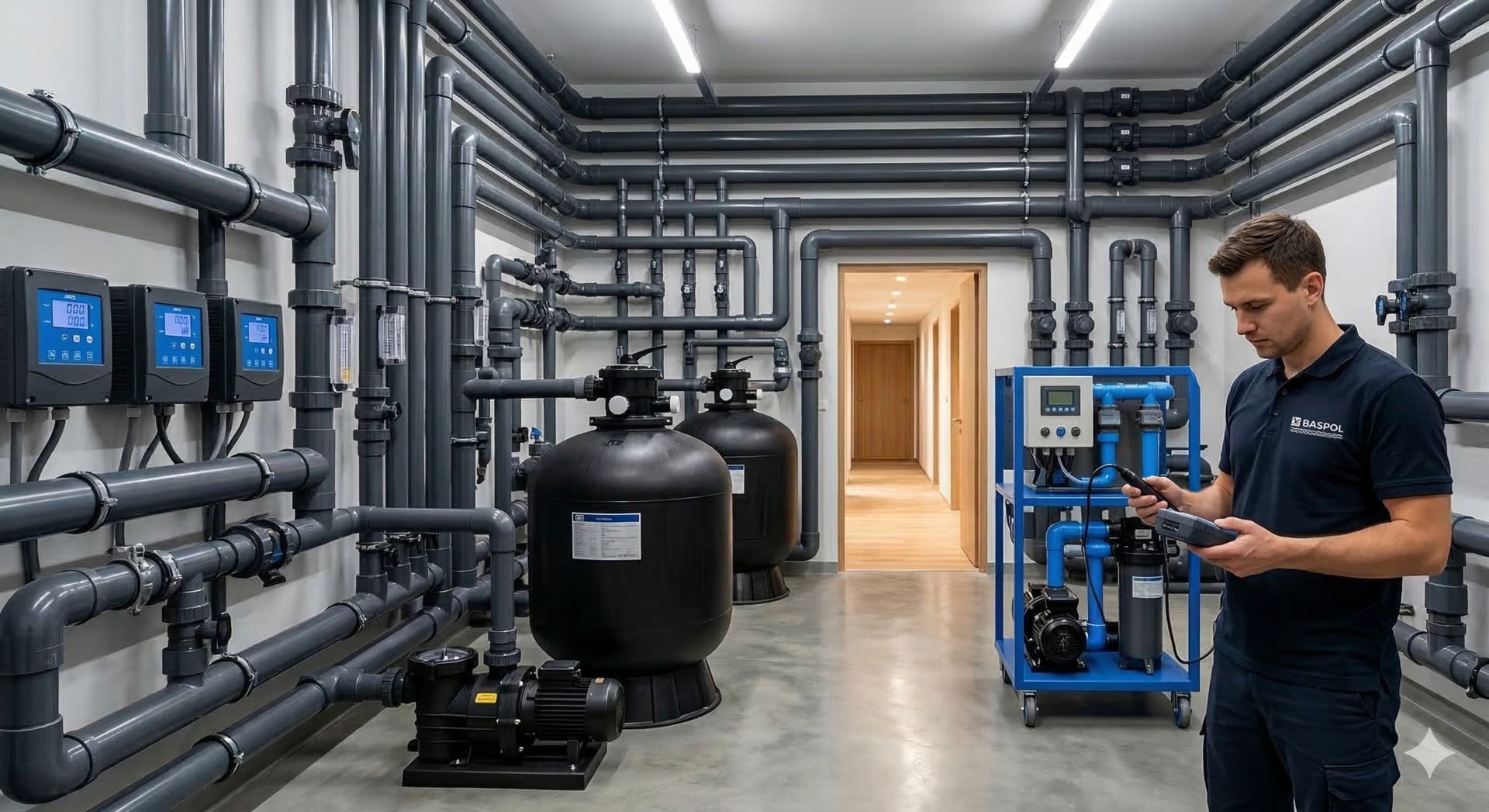 Profesjonalna filtrownia basenu prywatnego – serwis i konserwacja automatyki dozującej Baspol.